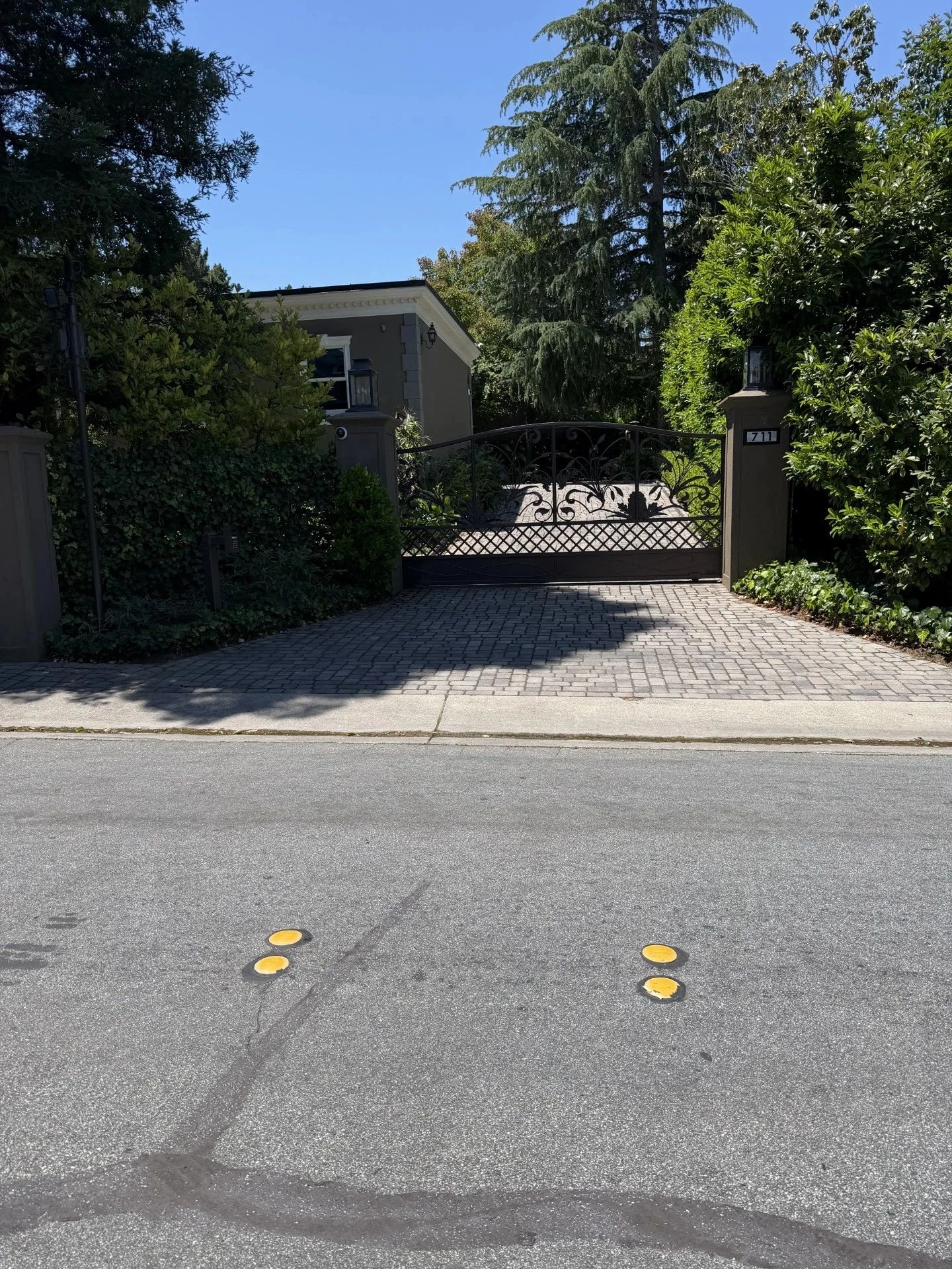 Completed paved driveway with a black wrought-iron entry gate