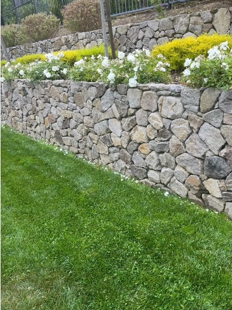 White flowers planted above a textured stone retaining wall